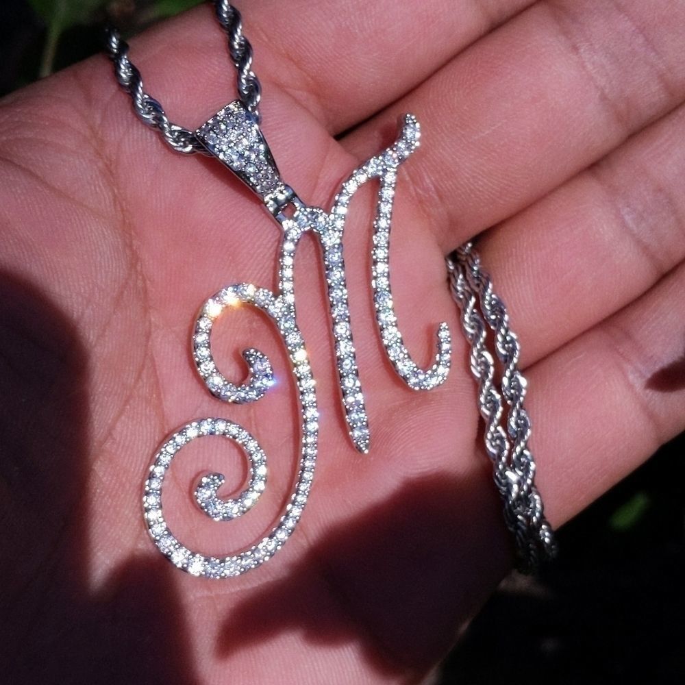 18"Rope Chain - White Finish Cursive Initial M. - image 7